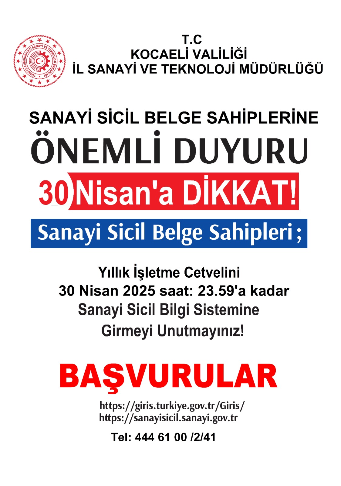 SANAYİ SİCİL BELGE SAHİPLERİNE ÖNEMLİ DUYURU 30 NİSAN'A DİKKAT! 